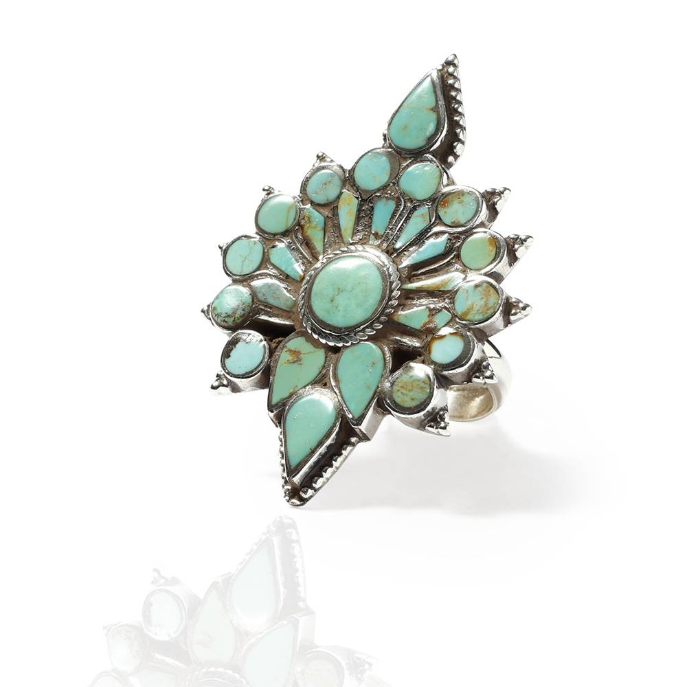Sterling Silver Ring With Adjustable Floral Turquoise Gemstone : LDD342-7