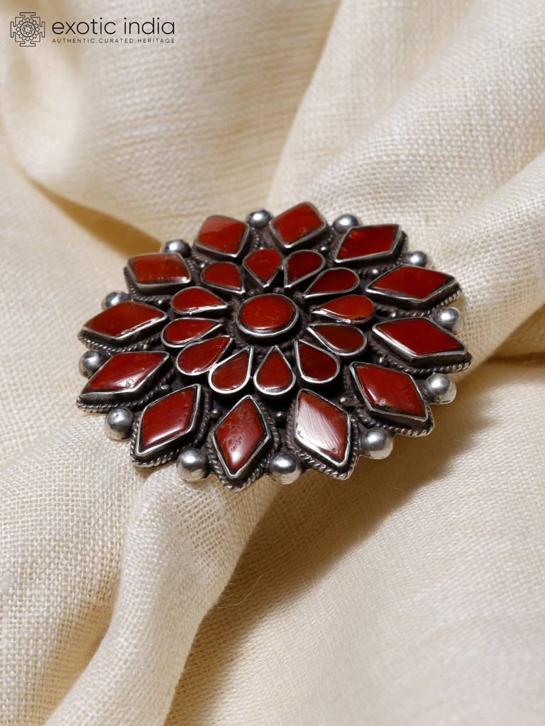 Sterling Silver Ring With Adjustable Floral Design Coral Big Size : LDD369-8