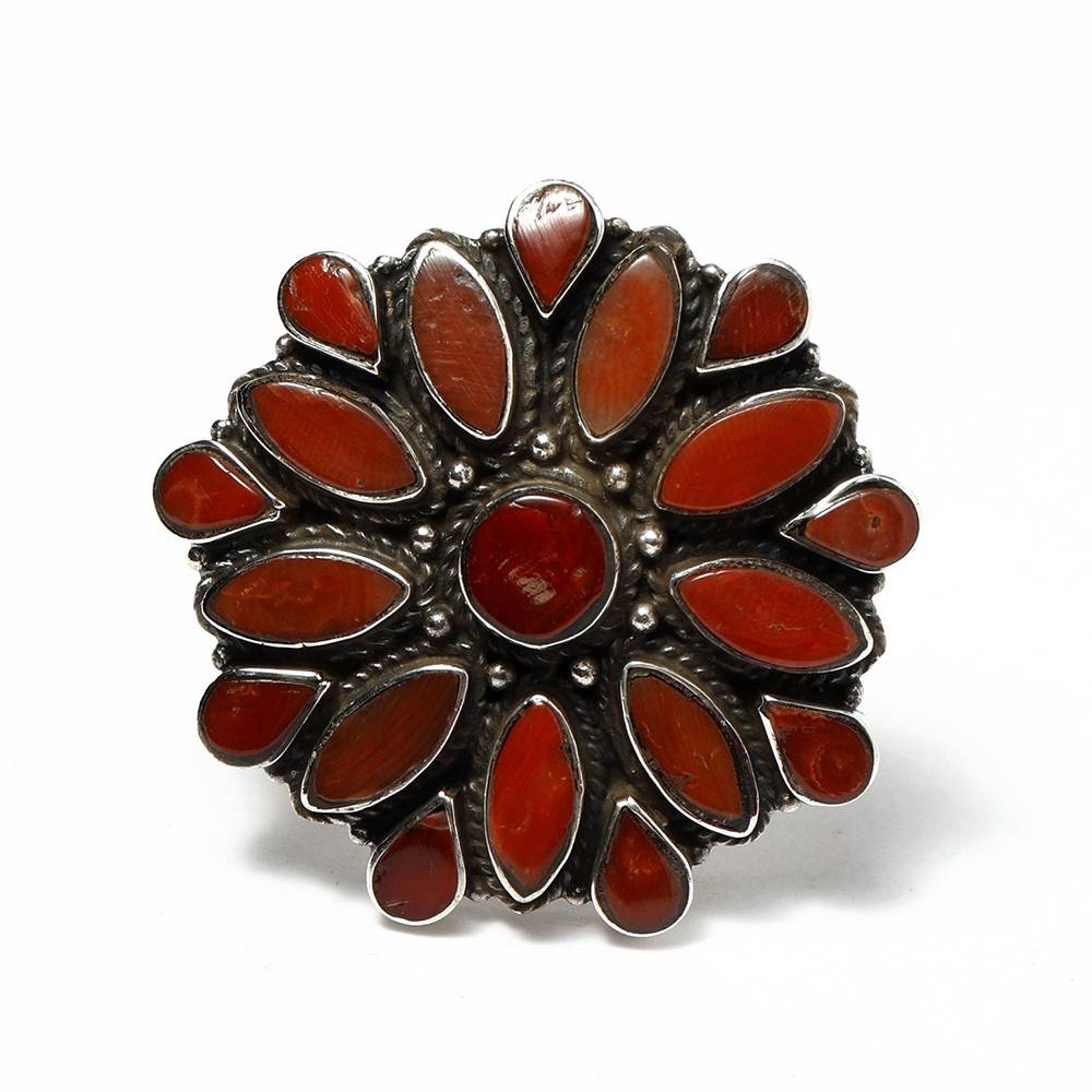 Sterling Silver Adjustable Ring With Floral Design And Coral : LDD370-8