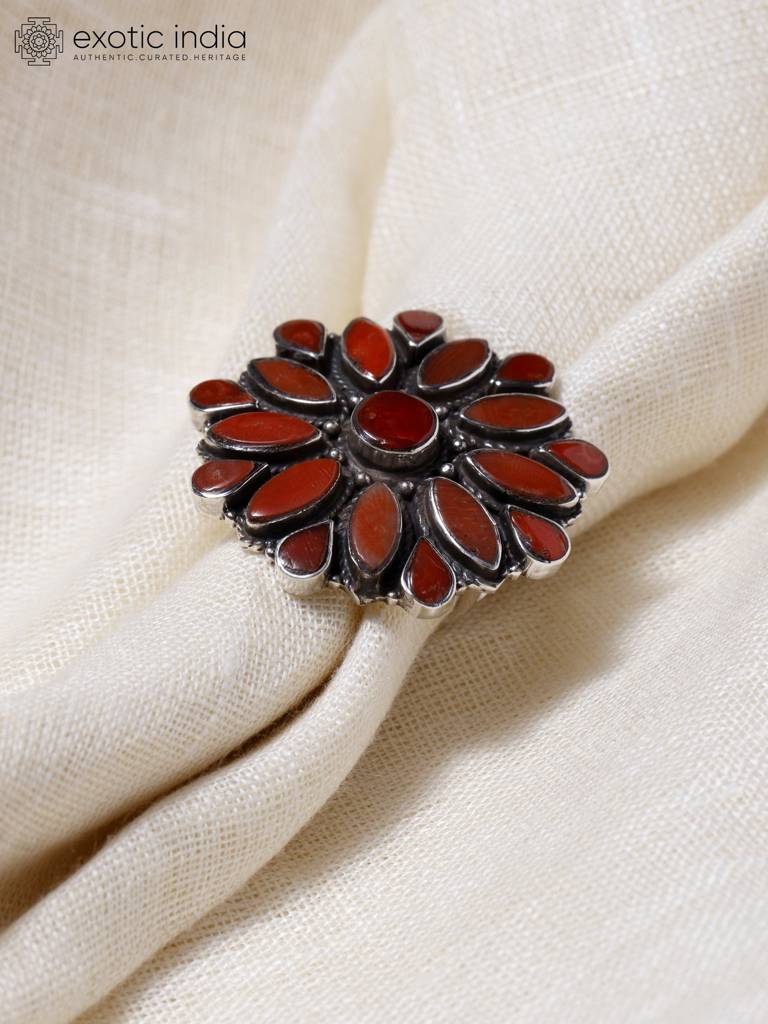 Sterling Silver Adjustable Ring With Floral Design And Coral : LDD370-8