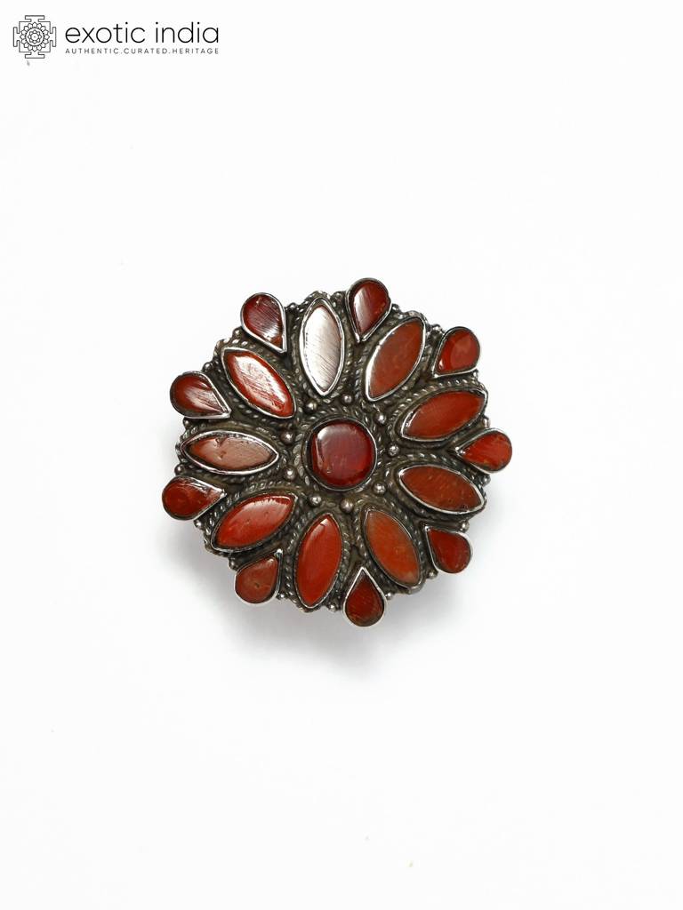 Sterling Silver Adjustable Ring With Floral Design And Coral : LDD370-8