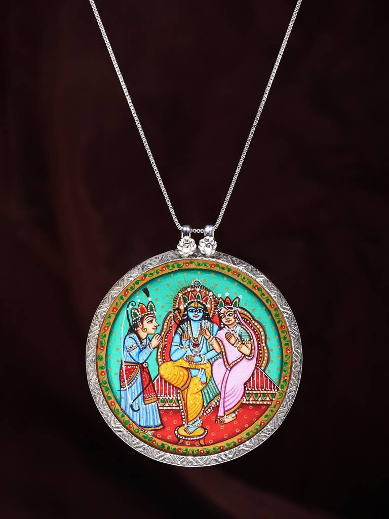Round Shape Hand-Painted Ram Sita Pendant 925 Sterling Silver : LDD494