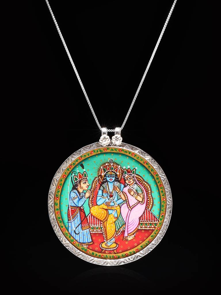 Round Shape Hand-Painted Ram Sita Pendant 925 Sterling Silver : LDD494