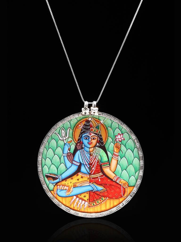 Hand-Painted Ardhanarishvara (Shiva Shakti) Pendant 925 Sterling Silver : LDD495