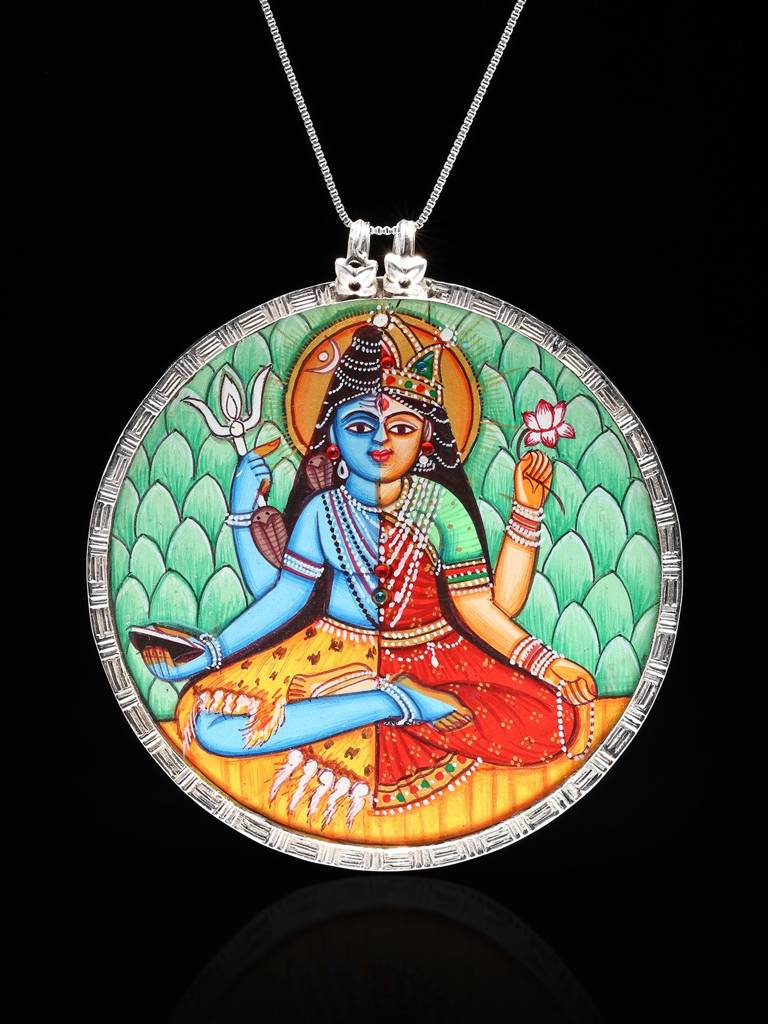 Hand-Painted Ardhanarishvara (Shiva Shakti) Pendant 925 Sterling Silver : LDD495