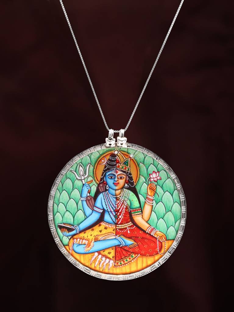 Hand-Painted Ardhanarishvara (Shiva Shakti) Pendant 925 Sterling Silver : LDD495