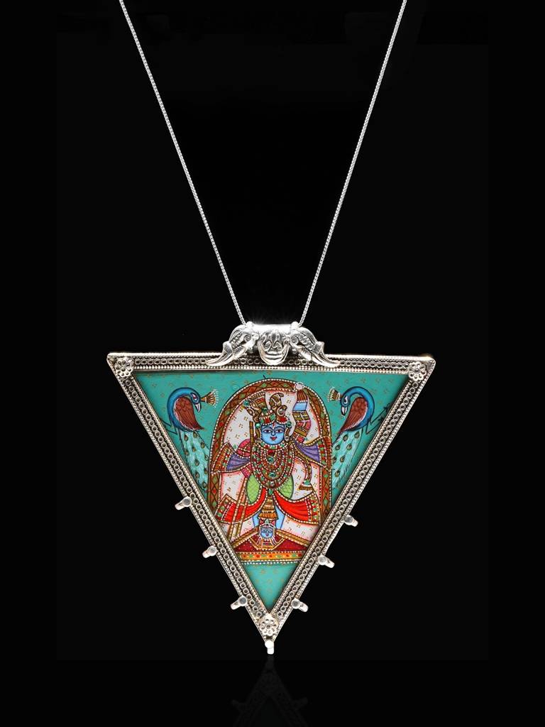 Triangle Shape Hand Painted Shrinathji Pendant 925 Sterling Silver : LDD496