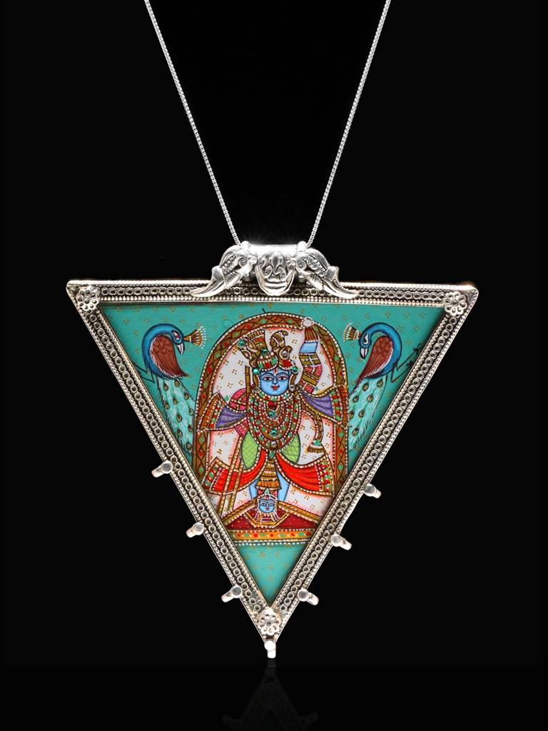 Triangle Shape Hand Painted Shrinathji Pendant 925 Sterling Silver : LDD496