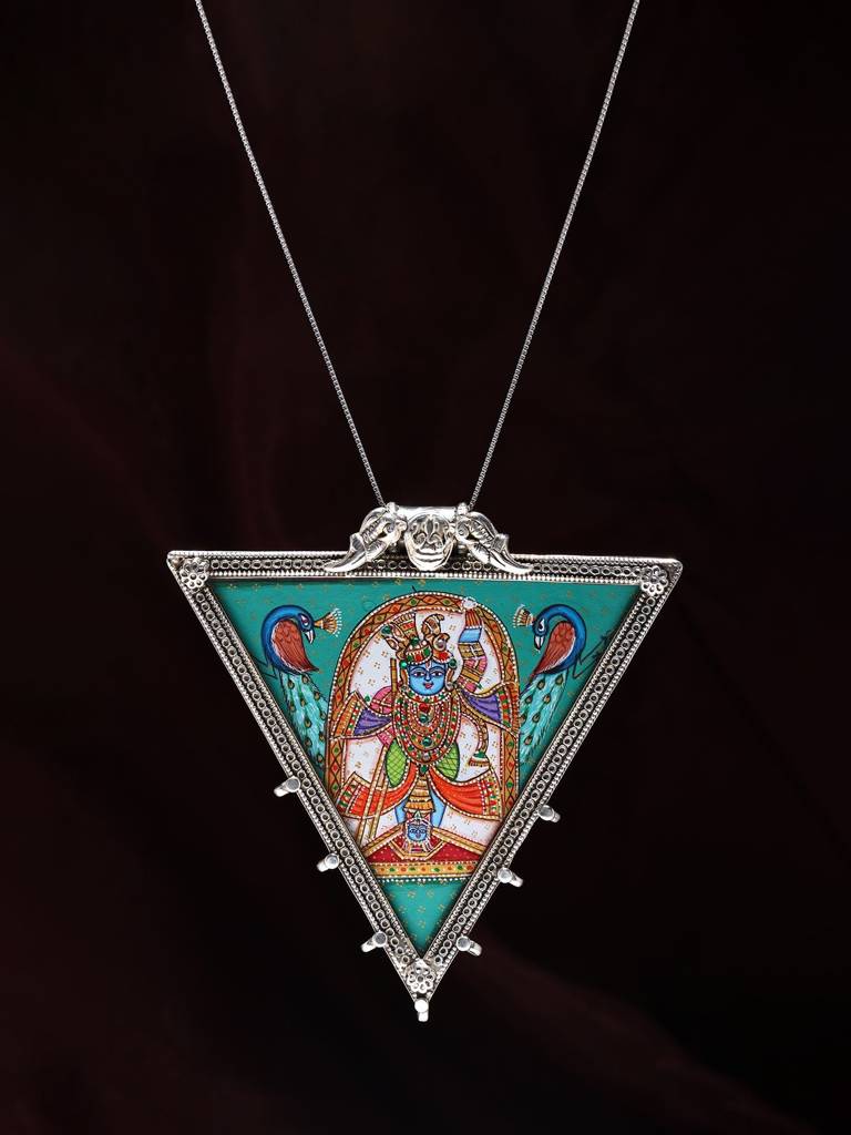 Triangle Shape Hand Painted Shrinathji Pendant 925 Sterling Silver : LDD496