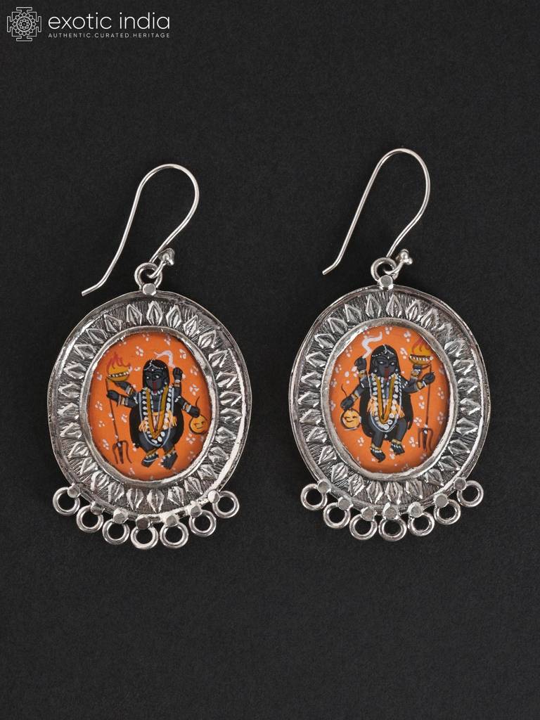 Hand Painted Goddess Kali Dangle Earrings 925 Sterling Silver : LDD500