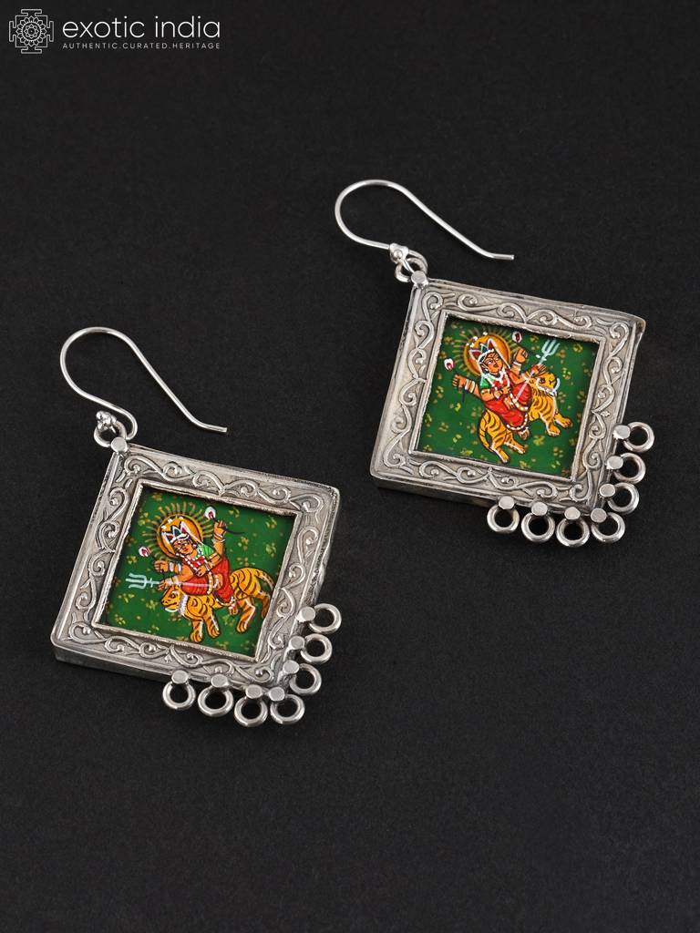 Hand Painted Goddess Durga Hook Dangle Earrings 925 Sterling Silver : LDD502