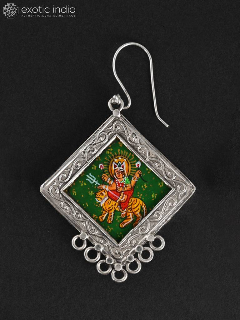 Hand Painted Goddess Durga Hook Dangle Earrings 925 Sterling Silver : LDD502