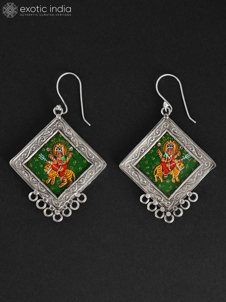 Hand Painted Goddess Durga Hook Dangle Earrings 925 Sterling Silver : LDD502