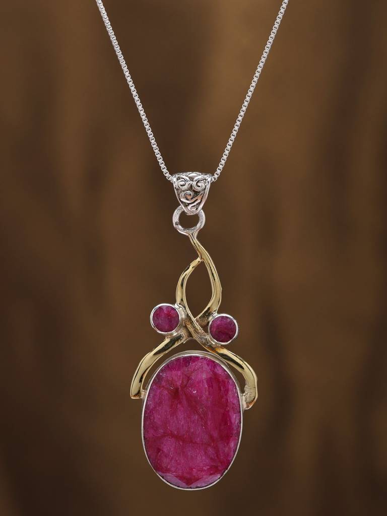 Designer Pendant 925 Sterling Silver Ruby Gemstone Oval Shape  Sterling Silver One Size Pink