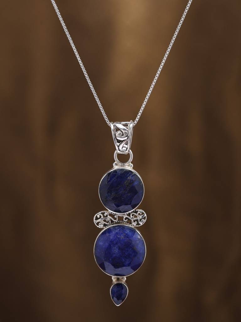 Faceted Round Shape Duplet Lapis Lazuli Pendant Fine Jewelry For Women 925 Sterling Silver : LDD528