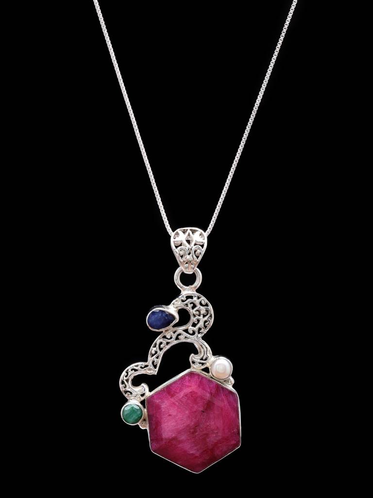 Hexagon Shaped Ruby Pendant With Blue Sapphire And Emerald 925 Sterling Silver : LDD532