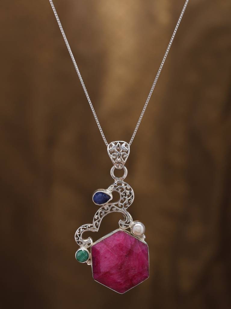 Hexagon Shaped Ruby Pendant With Blue Sapphire And Emerald 925 Sterling Silver : LDD532