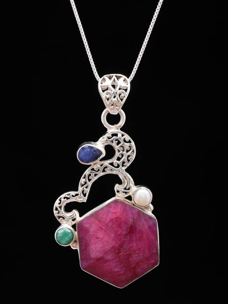 Hexagon Shaped Ruby Pendant With Blue Sapphire And Emerald 925 Sterling Silver : LDD532