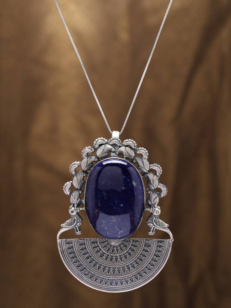Lapis Lazuli Pendant With Semi-Circle Mandala Parrots Design Fine Jewelry  For Women 925 Sterling Silver Sterling Silver Blue One Size