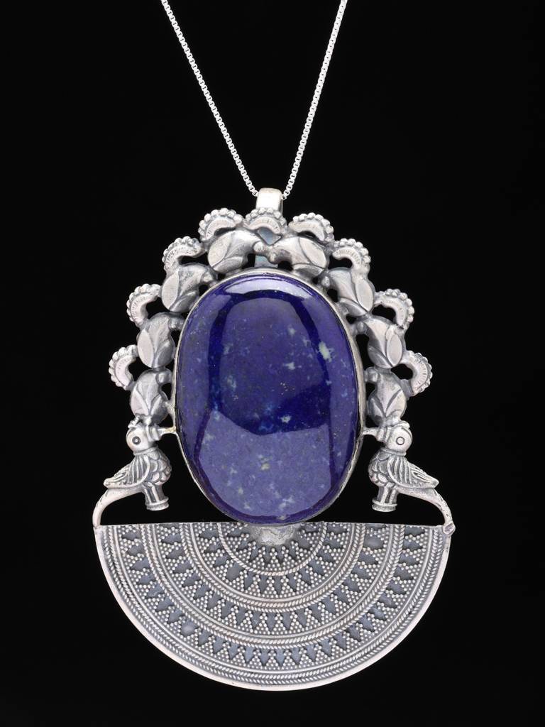 Lapis Lazuli Pendant With Semi-Circle Mandala & Parrots Design Fine Jewelry For Women 925 Sterling Silver : LDD539