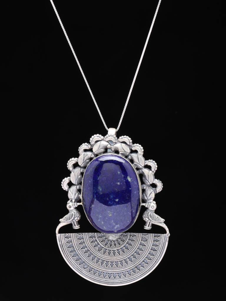 Lapis Lazuli Pendant With Semi-Circle Mandala & Parrots Design Fine Jewelry For Women 925 Sterling Silver : LDD539