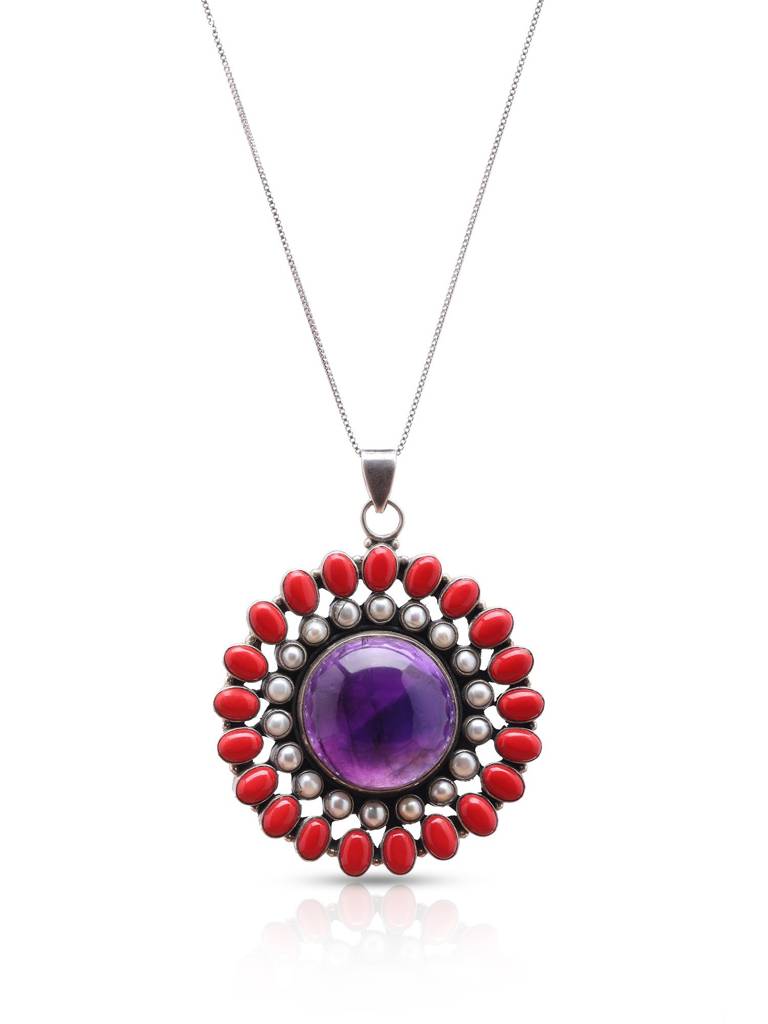 Floral Design Pendant With Coral, Pearl And Amethyst Gemstone 925 Sterling Silver : LDD541