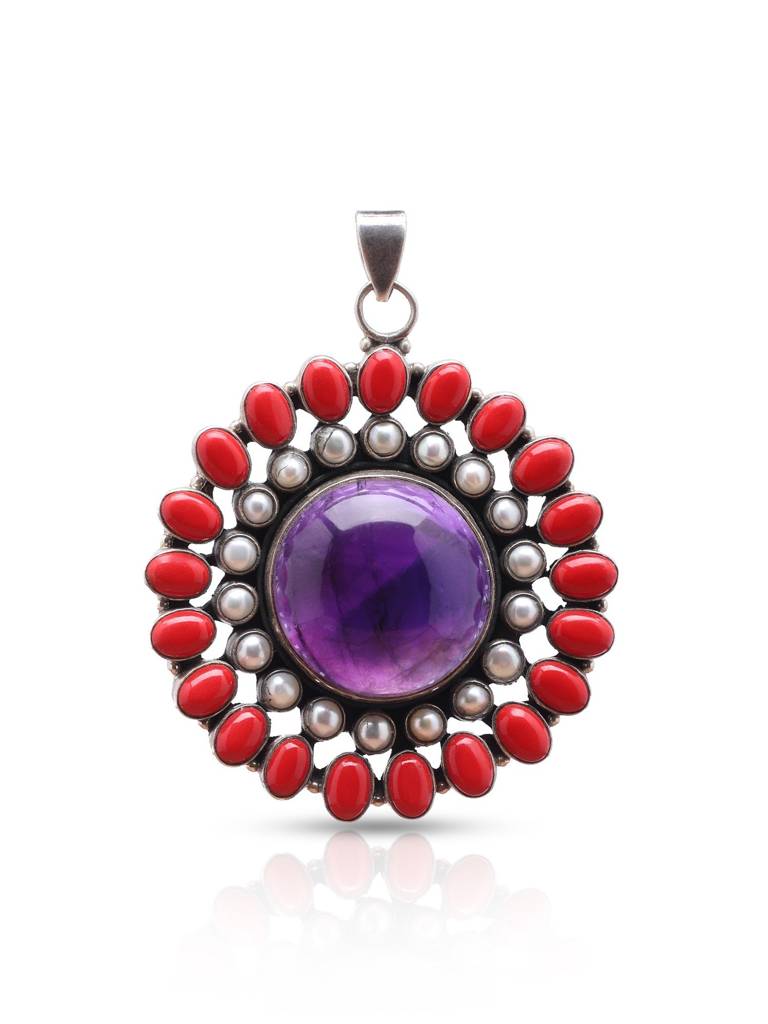 Floral Design Pendant With Coral, Pearl And Amethyst Gemstone 925 Sterling Silver : LDD541