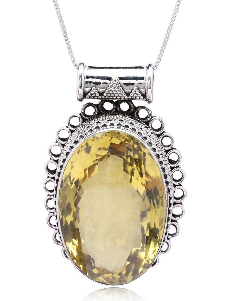 Designer Rawa Work Pendant With Oval Lemon Quartz Gemstone 925 Sterling Silver : LDD546