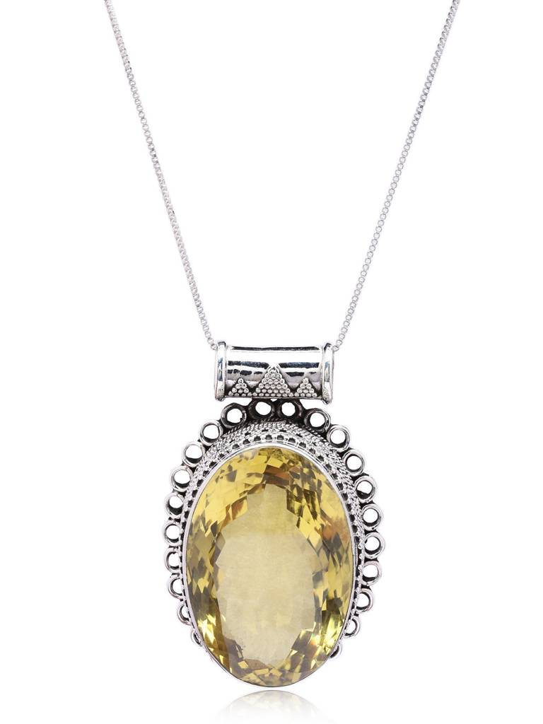Designer Rawa Work Pendant With Oval Lemon Quartz Gemstone 925 Sterling Silver : LDD546