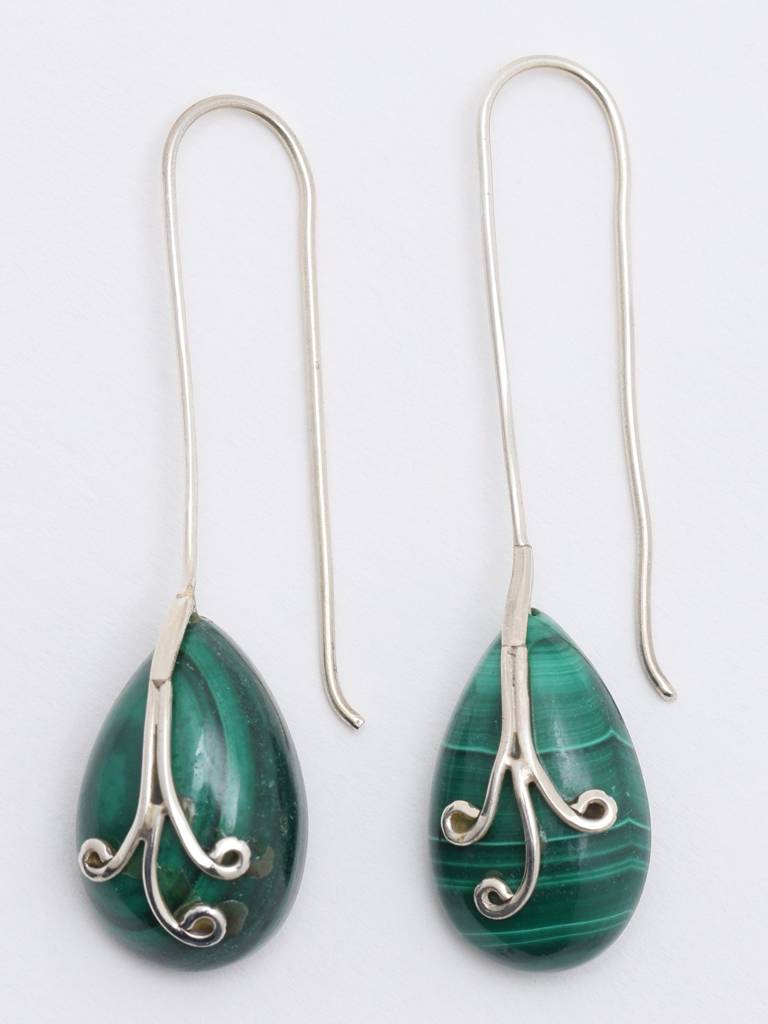 Long Hook Dangle Earrings With Pear Shaped Malachite Stone Fine Jewelry For Women 925 Sterling Silver : LDD551