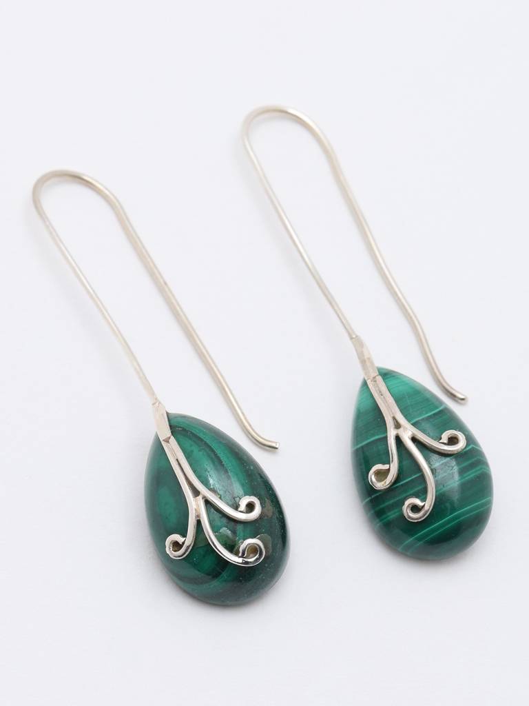 Long Hook Dangle Earrings With Pear Shaped Malachite Stone Fine Jewelry For Women 925 Sterling Silver : LDD551