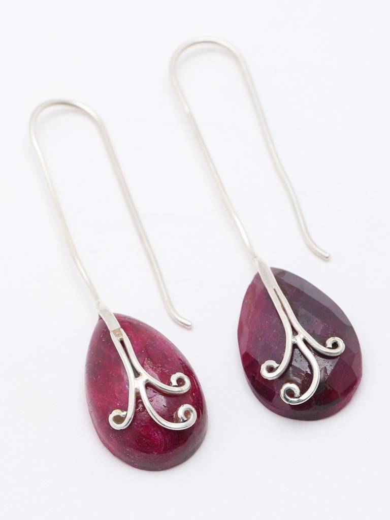 Long Hook Dangle Earrings With Ruby Stone Almond Shaped Fine Jewelry For Women 925 Sterling Silver : LDD554