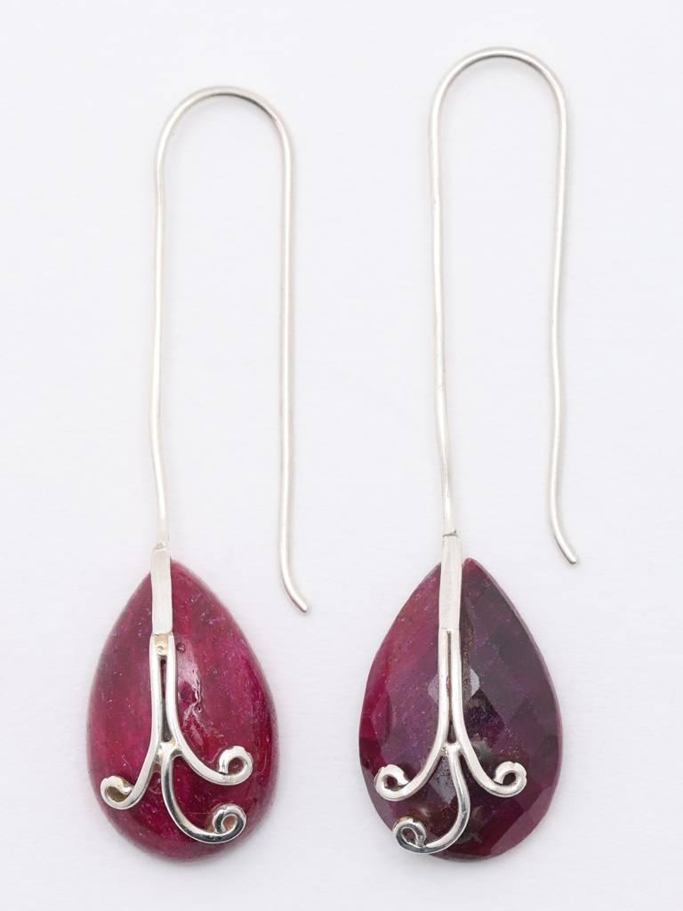 Long Hook Dangle Earrings With Ruby Stone Almond Shaped Fine Jewelry For Women 925 Sterling Silver : LDD554