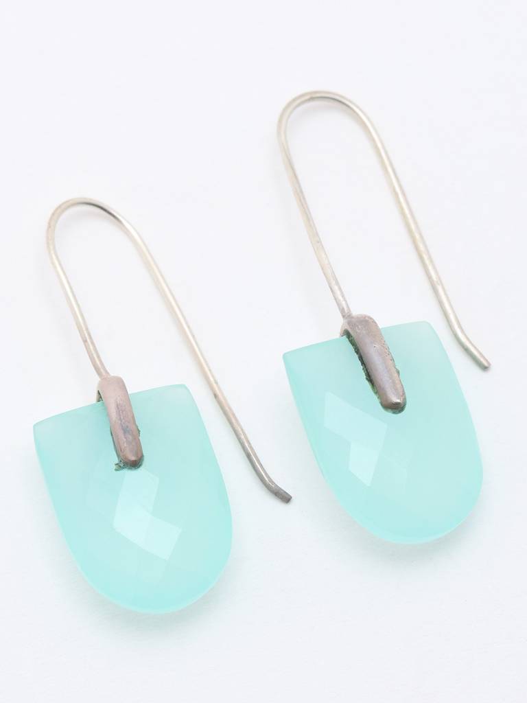 Long Hook Dangle Faceted Aqua Chalcedony Drop Earrings : LDD555