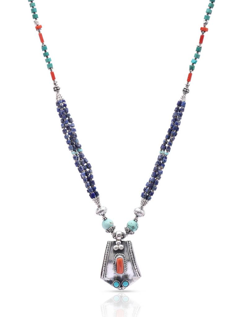 Designer Necklace With Turquoise, Lapis Lazuli And Coral Gemstone 925 Sterling Silver : LDD558