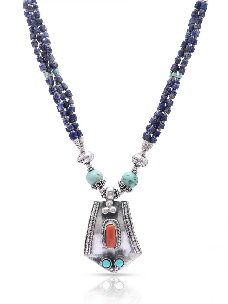 Designer Necklace With Turquoise, Lapis Lazuli And Coral Gemstone 925 Sterling Silver : LDD558
