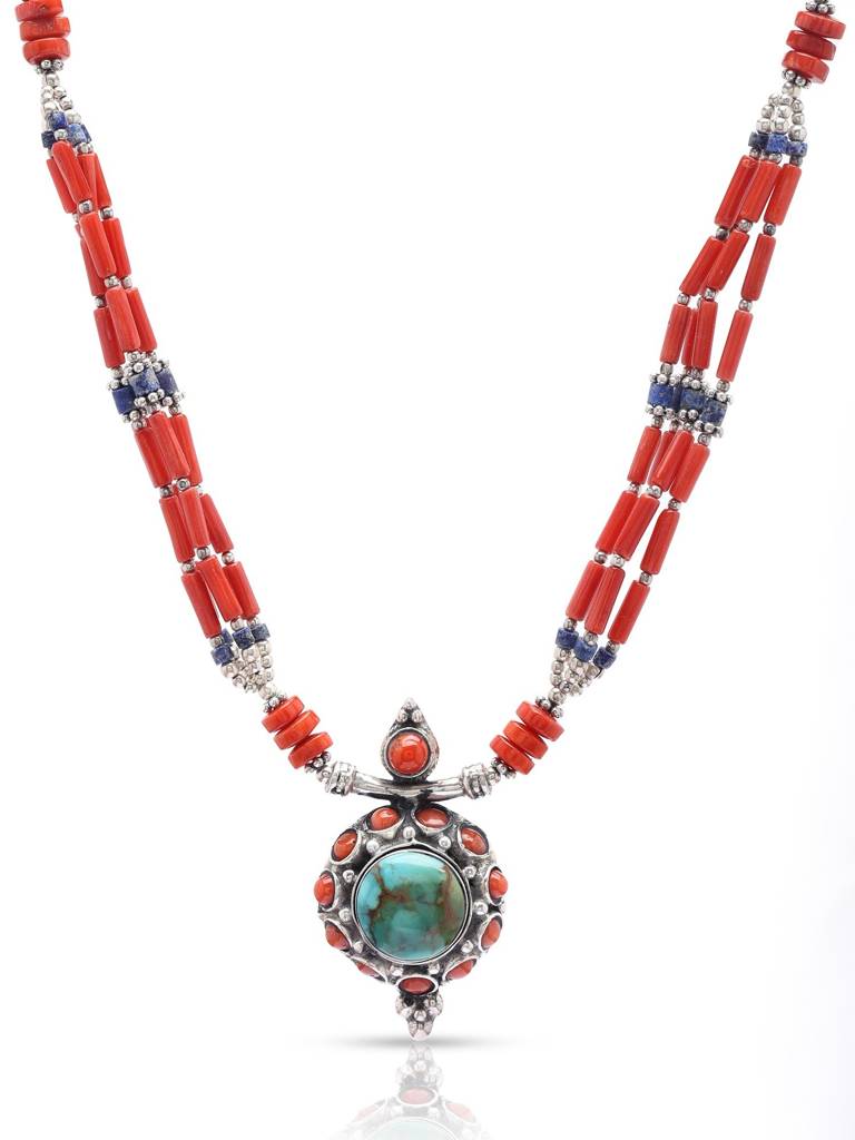 Lapis Lazuli, Coral And Turquoise Necklace Gemstone 925 Sterling Silver : LDD559