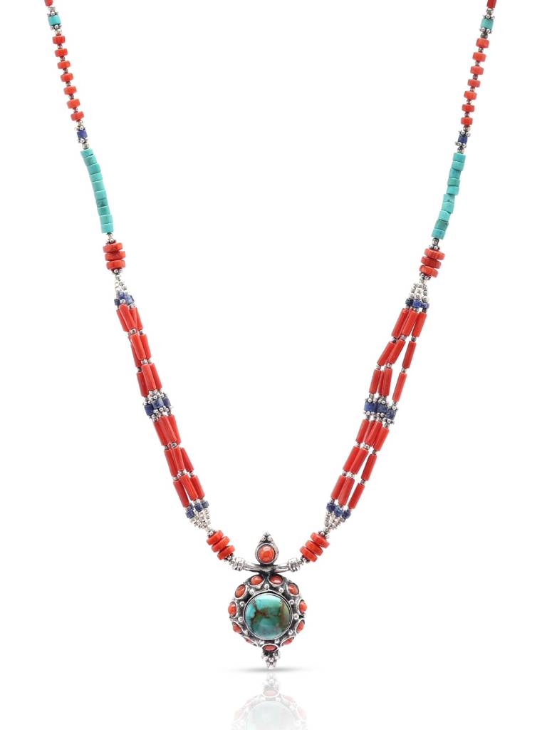 Lapis Lazuli, Coral And Turquoise Necklace Gemstone 925 Sterling Silver : LDD559