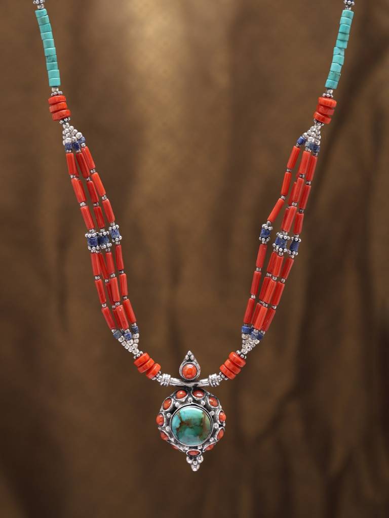 Lapis Lazuli, Coral And Turquoise Necklace Gemstone 925 Sterling Silver : LDD559
