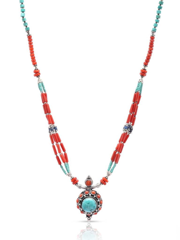 Multi Stone Necklace With Turquoise, Lapis Lazuli And Coral Gemstone 925 Sterling Silver : LDD560