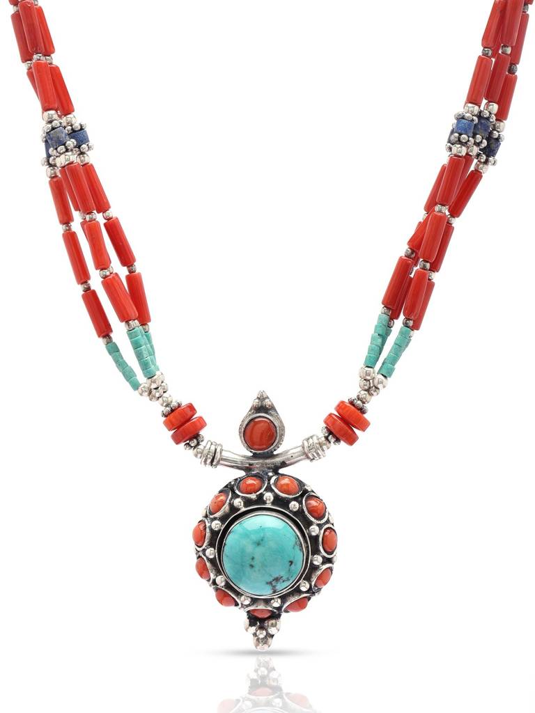 Multi Stone Necklace With Turquoise, Lapis Lazuli And Coral Gemstone 925 Sterling Silver : LDD560