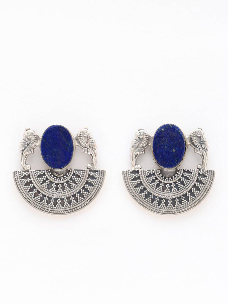 Oval Lapis Lazuli Earrings With Semi-Circle Mandala & Peacocks Design Fine Jewelry For Women 925 Sterling Silver : LDD578