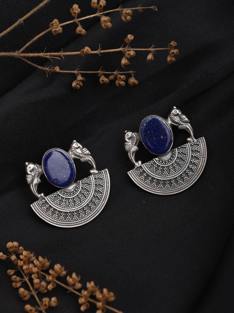 Oval Lapis Lazuli Earrings With Semi-Circle Mandala & Peacocks Design Fine Jewelry For Women 925 Sterling Silver : LDD578