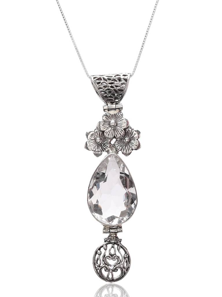 Floral Sterling Silver Pendant With Teardrop Shaped Crystal : LDD652