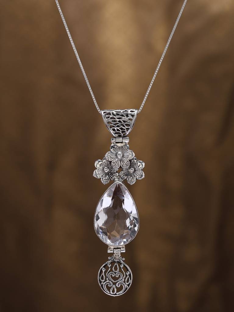 Floral Sterling Silver Pendant With Teardrop Shaped Crystal : LDD652