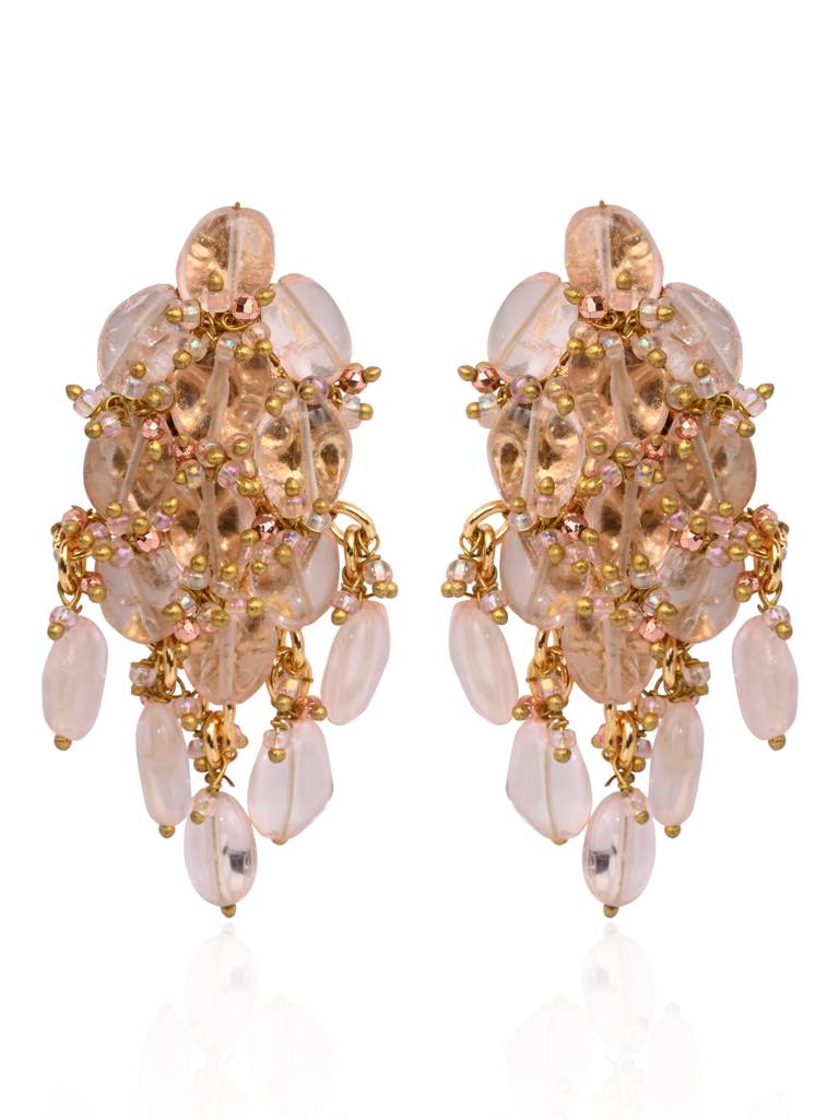 Peach Stone Oval Shape Earrings With Pink Crystal : BE-519-01PINK