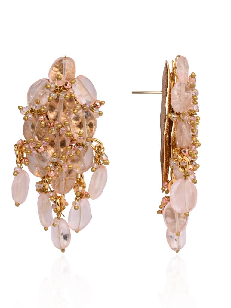 Peach Stone Oval Shape Earrings With Pink Crystal : BE-519-01PINK