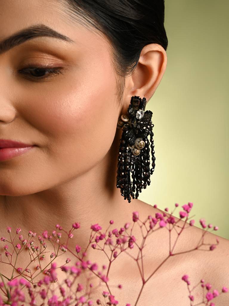 Jet Black Black Anti Tarnish Cocktail Statement Earrings : LE-956-01BLACK