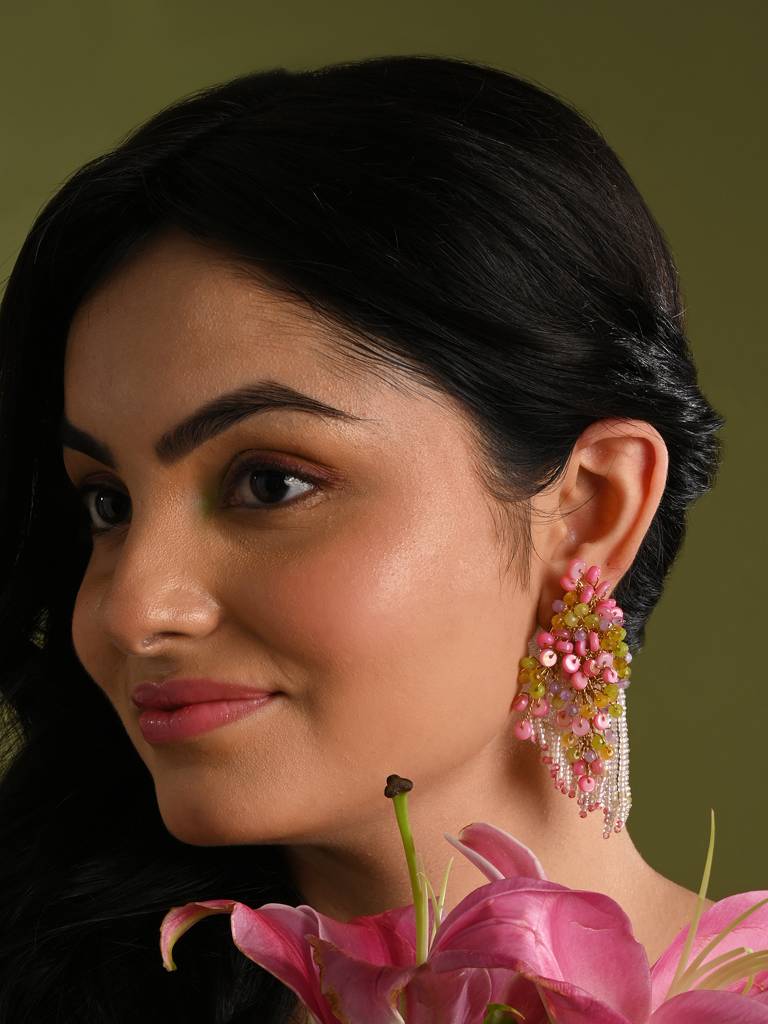 Rose Pink Green Fashion Long Earrings For Women : LE-960-01PINK