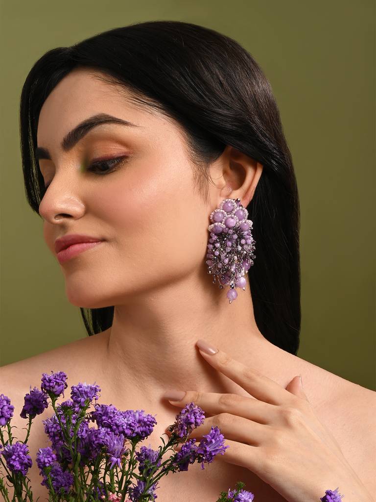 Designer Long Earrings With Purple Lilac Stones : LE-965-01LILAC